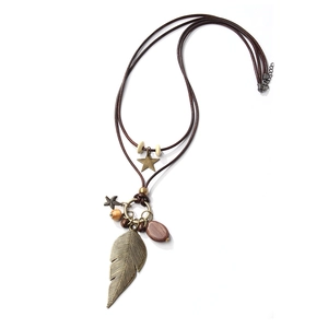 Retro bohemian long necklace with bronze feather, starfish charms and wooden beads