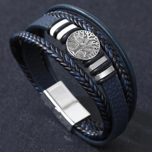 Bracelet multicouche en cuir bleu marine avec arbre de vie et fermoir magnétique