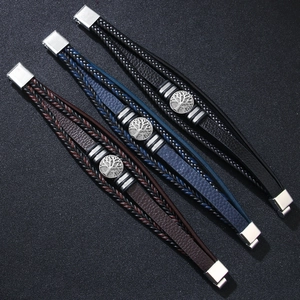 Bracelets multicouches en cuir tressé marron, bleu et noir avec charmes Arbre de Vie
