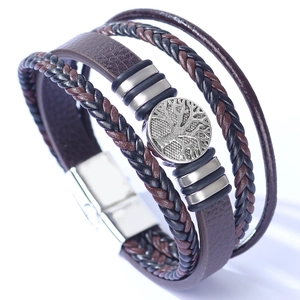 Bracelet multicouche en cuir arbre de vie avec breloques vintage et cordes tressées