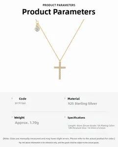 Détails du collier croix en argent S925 avec zircons 5A et placage en or 18 carats