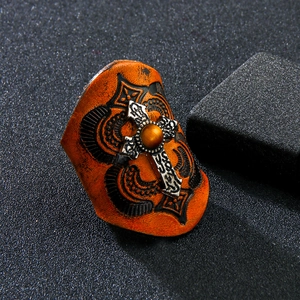 Gothic wide leather ring with silver cross and tiger eye stone inlay for men