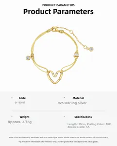 Détail du bracelet cœur en argent S925 avec zircon 5A et corde tressée dorée élégante