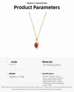 Detailed specs of S925 sterling silver heart necklace with red agate and 5A zircon inlay