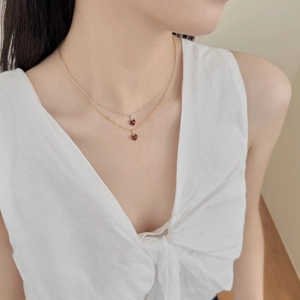 Double layer S925 silver necklace with red heart pendants in gold and silver finish