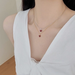 Elegant S925 sterling silver heart necklace with red agate and diamond accents