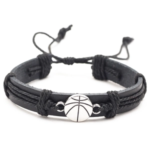 Pulsera ajustable de cuero trenzado negro con dije de baloncesto plateado para hombre