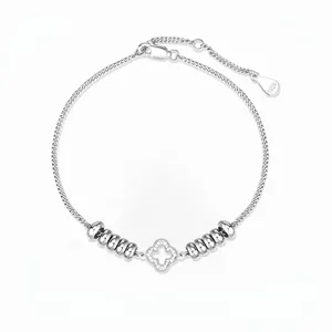S925 Sterling Silver Lucky Clover Bracelet For Women Hollow Flower Rhinestone Inlaid Adjustable Lucky Beads Jewelry Gift