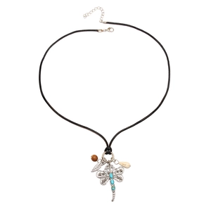 Bohemian vintage dragonfly necklace with turquoise stones and a black cord chain