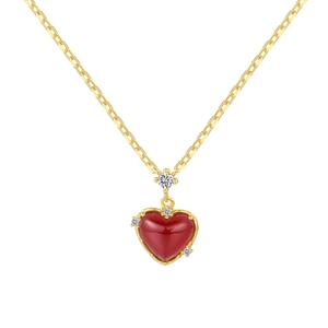 Exquisite S925 sterling silver heart necklace with red agate and sparkling crystals