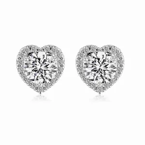 925 Sterling Silver Heart Stud Earrings For Women Elegant Round Cut Zirconia Halo Small Earring Sweet Fashion Jewelry Gift