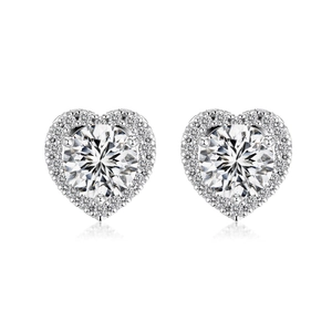Elegant S925 sterling silver heart stud earrings with 5mm cubic zirconia halo design