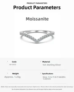 Detailed size chart for V-shaped 925 silver ring featuring moissanite diamond inlay