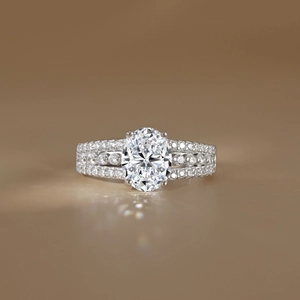 Elegant S925 sterling silver ring with 2ct oval moissanite and triple row pave stones