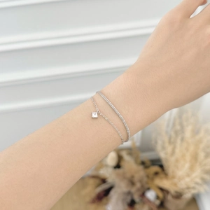 S925 sterling silver double-layer bracelet with square zircon on a minimalist chain