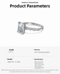 Spécifications de la bague en argent S925 avec oxyde de zirconium rectangulaire 1,5ct