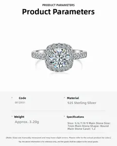 Detail view of 1.2ct moissanite ring specifications and S925 sterling silver band