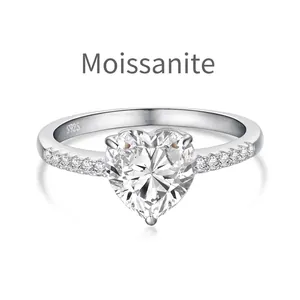 Exquisite S925 sterling silver ring with 2 carat heart-shaped moissanite center stone