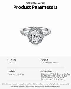 Détail macro de la bague en argent 925 avec une moissanite de 1,2CT taille ovale