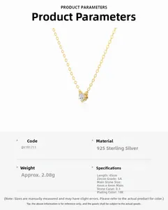 Spécifications du collier cœur en argent 925 plaqué or 18K avec un oxyde de zirconium 5A
