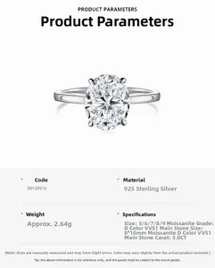 Detailed specifications of 3ct oval moissanite ring in 925 sterling silver with 4-prong setting