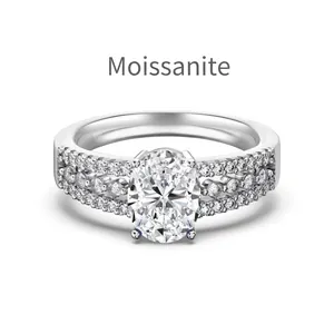 S925 sterling silver ring with 2 carat oval moissanite and triple-row pavé setting