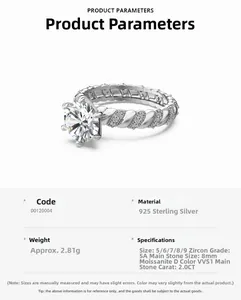 Detailed specs of 2ct Moissanite S925 silver ring with twisted band and stone details