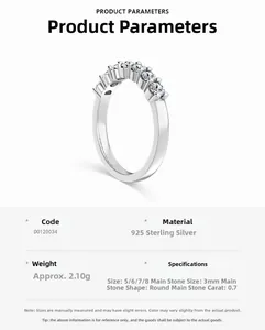 Spécifications de la bague en argent S925 avec sept pierres rondes de 3mm et gravures