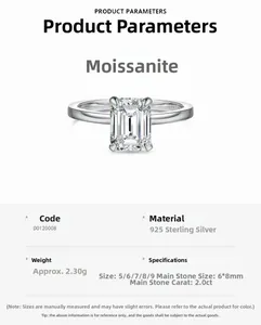 Detailed spec sheet showing S925 sterling silver ring with 2.0ct moissanite emerald cut stone