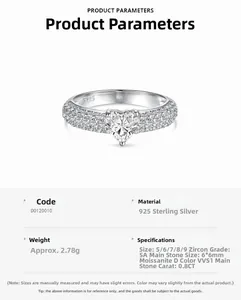 Detailed specs of S925 silver ring featuring a 0.8CT heart-shaped moissanite stone