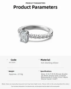Detailed view of 0.6ct emerald cut moissanite on a 925 sterling silver ring band