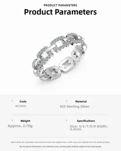 Dettaglio dell'anello a catena in argento S925 con pavé di moissanite e specifiche