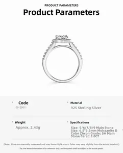 Détails d'une bague en argent 925 avec moissanite de 1,0ct et spécifications du produit