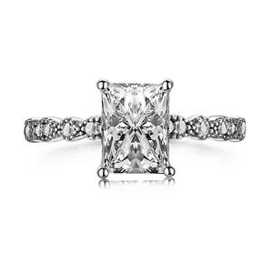 Bague en Argent Sterling S925 Taille Radiant Zirconia Élégante Bague de Fiançailles Carrée Incrustée pour Femme Bijoux