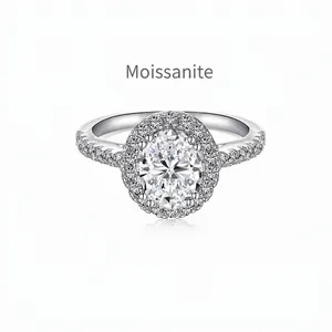 Bague en Argent Sterling 925 avec Moissanite Ovale Halo 1.2 Carat Couleur D VVS1 Zirconia Incrusté Luxe Bague de Fiançailles Femme