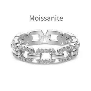 Elegante anello moissanite in argento S925 con design a maglie di catena cubana vuota