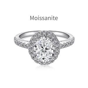 Bague exquise en argent sterling S925 avec moissanite de 1,2 carat et monture halo ovale