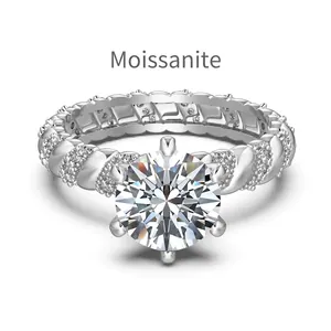 S925 sterling silver moissanite ring featuring a twist band and six-prong round setting