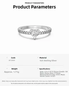 Close-up of heart-cut 0.5ct Moissanite ring with S925 silver band and detailed specifications