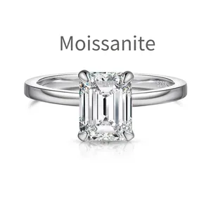 Classic S925 sterling silver ring with 2 carat emerald cut moissanite in a 4-prong setting