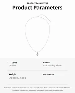 Detail view of S925 sterling silver waterdrop necklace with product weight and specs