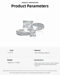 Dettagli dell'anello in argento 925 con moissanite taglio smeraldo e specifiche