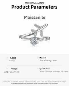 Detailed specs of S925 sterling silver airplane ring with moissanite and star base