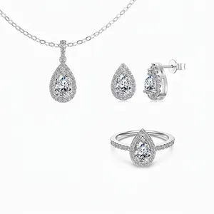 Exquisite Moissanite Pear Cut Jewelry Set 925 Sterling Silver Halo Necklace Earrings Ring Set For Women Elegant Gift