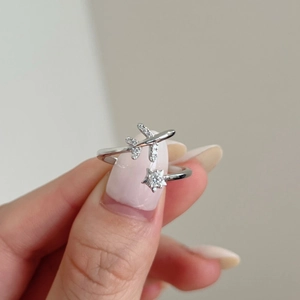 S925 sterling silver airplane and star adjustable ring with sparkling moissanite stones