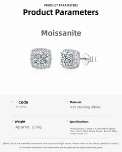 Detail specifications of S925 sterling silver moissanite stud earrings with dimensions