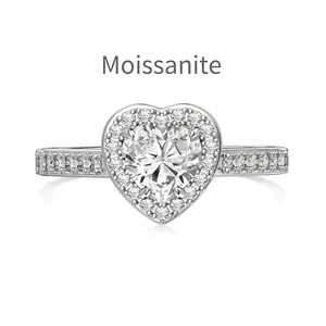 Bague scintillante en argent sterling S925 avec moissanite en forme de cœur et halo
