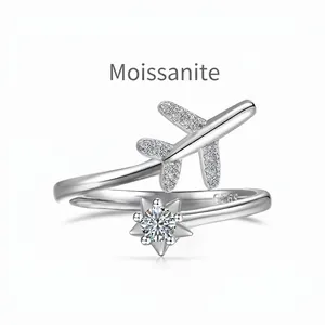 925 Sterling Silver Moissanite Open Ring For Women Adjustable Airplane And Star Design D Color VVS1 Finger Ring Jewelry