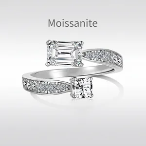 Anello in Argento Sterling S925 Moissanite Toi Et Moi Taglio Smeraldo E Quadrato Anello Bypass Regolabile da Donna Gioielli Matrimonio
