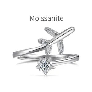 Moissanite S925 sterling silver ring with airplane design and adjustable open band
